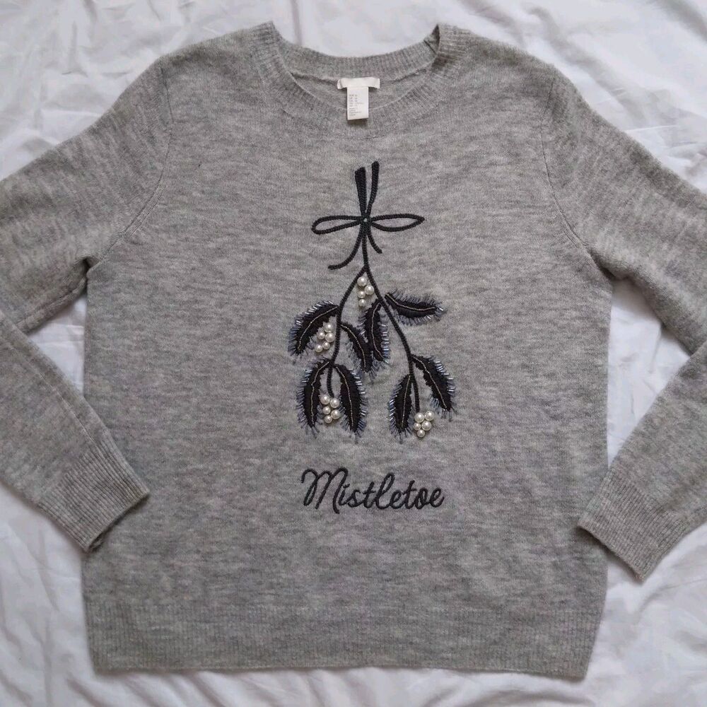 H&M Mistletoe Sweater Beaded Embroidered Holiday Christmas Womens Size Medium - Picture 2 of 10